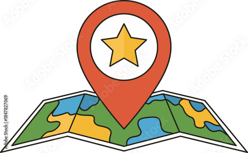 Favorite location pin icon on a folded map illustration, highlighting a destination or point of interest marker with a star, perfect for travel apps, navigation, and marking special places.