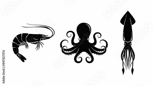 A trio of stylized black silhouette icons featuring popular seafood items a shrimp, an octopus with outstretched tentacles, and a long squid, set against a clean white background