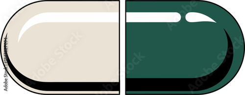 Close-up illustration of a two-toned pharmaceutical capsule pill, half beige and half dark green, representing medicine, health, treatment, or dietary supplements isolated on black background.