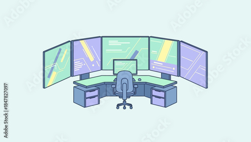 multimonitor computer workstation with ergonomic chair and storage drawers in a tech workspace scene