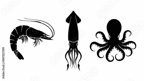 Collection of Silhouettes of Seafood Including Shrimp, Squid, and Octopus on a White Background