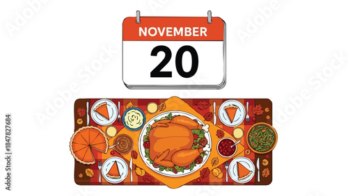 A vibrantly illustrated autumnal feast laid out on November twentieth with a delectable roasted turkey and sweet pumpkin pie slices, signifying