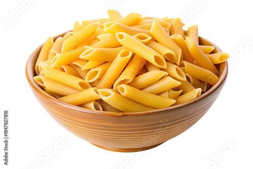 Bowl of uncooked penne lisce pasta, isolated on white background.png