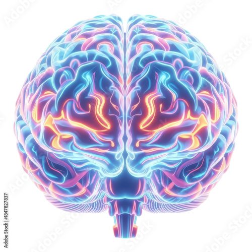 Vibrant colorful brain with neon lights isolated on transparent background