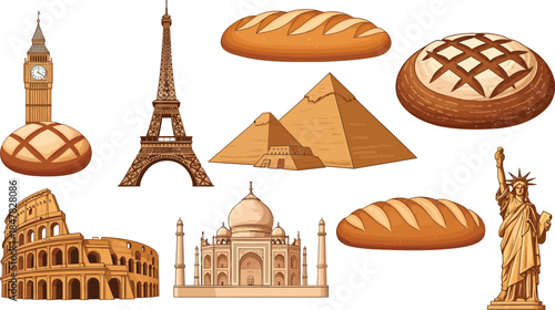 World Landmarks and Bakery Bread Vector Set