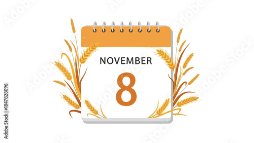 An autumnal calendar page displaying November 8th, beautifully adorned with golden wheat and diverse cereal grains, symbolizing seasonal