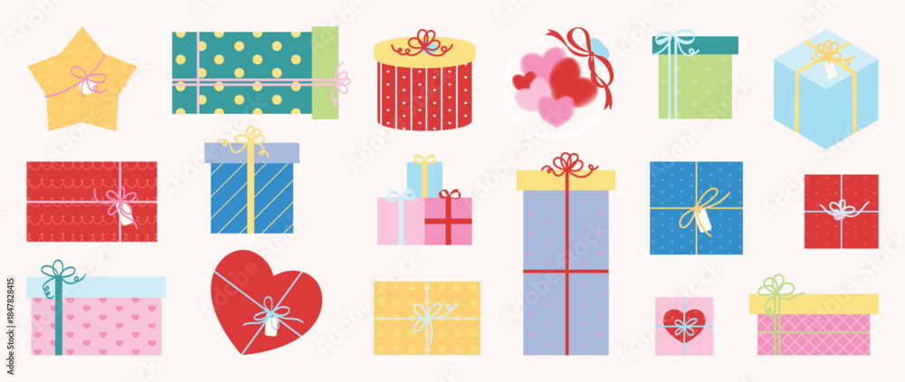Fototapeta premium Valentine's Day gift box and chocolate vector illustration with heart shapes ribbons and love elements. Romantic hand drawn design for greeting cards packaging stickers and holiday decoration.