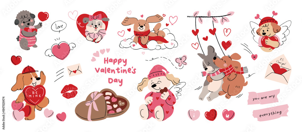 Naklejka premium Valentine's Day cute dog couple vector illustration with hearts letters chocolates and love elements. Romantic hand drawn animal design for greeting cards invitations stickers packaging and pattern.