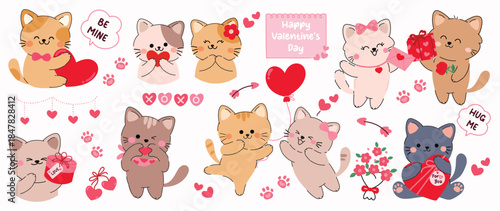 Valentine's Day cute cat character vector illustration with hearts gifts letters and love elements. Romantic hand drawn design for greeting cards invitations stickers packaging and social media.