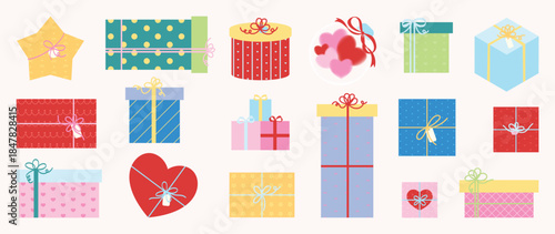 Valentine's Day gift box and chocolate vector illustration with heart shapes ribbons and love elements. Romantic hand drawn design for greeting cards packaging stickers and holiday decoration.