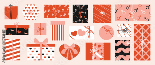 Valentine's Day gift box and chocolate vector illustration with heart shapes ribbons and love elements. Romantic hand drawn design for greeting cards packaging stickers and holiday decoration.