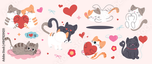 Valentine's Day cute cat character vector illustration with hearts gifts letters and love elements. Romantic hand drawn design for greeting cards invitations stickers packaging and social media.