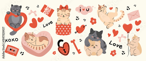 Valentine's Day cute cat character vector illustration with hearts gifts letters and love elements. Romantic hand drawn design for greeting cards invitations stickers packaging and social media.