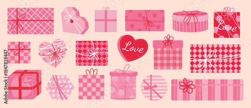Valentine's Day gift box and chocolate vector illustration with heart shapes ribbons and love elements. Romantic hand drawn design for greeting cards packaging stickers and holiday decoration.