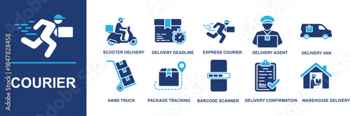 Courier icon set. Containing scooter delivery, delivery deadline, express courier, delivery agent, delivery van, hand truck, package tracking, barcode scanner, delivery confirmation, warehouse deliver