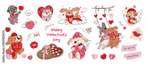 Valentine's Day cute dog couple vector illustration with hearts letters chocolates and love elements. Romantic hand drawn animal design for greeting cards invitations stickers packaging and pattern.