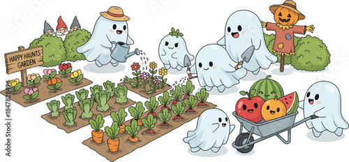 Cute cartoon ghosts gardening and farming Halloween vector
