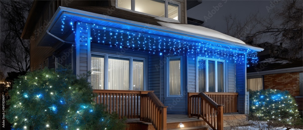 Obraz premium Beautiful winter home decorated with blue lights, showing a cozy atmosphere in the snowy night with greenery in the garden