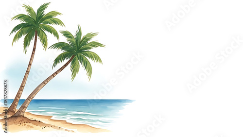 Fototapeta Naklejka Na Ścianę i Meble -  Two palm trees on a sandy beach with ocean waves image