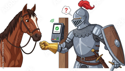Medieval knight paying horse with credit card funny vector