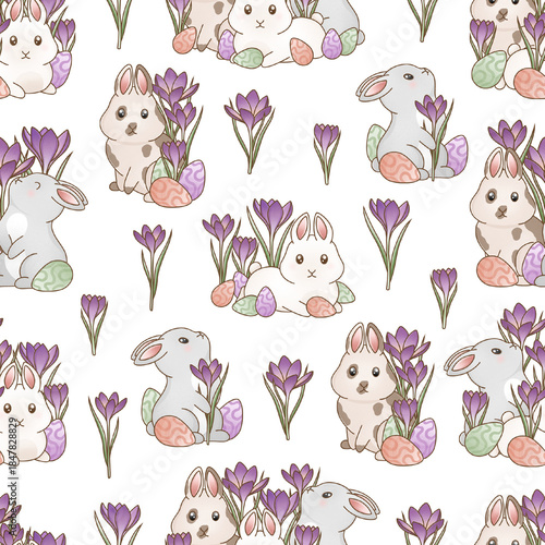 Easter seamless pattern with bunnies, flowers, easter eggs, pastel spring pattern