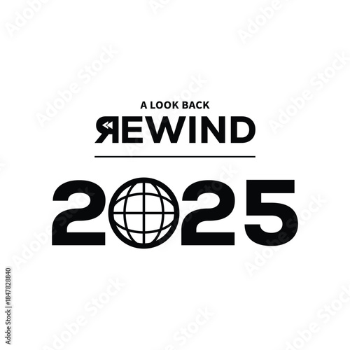 Minimal “A Look Back Rewind 2025” typography design in bold black on white background, modern text layout ideal for year in review content, recap videos, social media posts, and editorial projects.