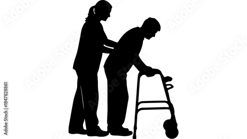 Caregiver assisting senior man with walker with transparent background