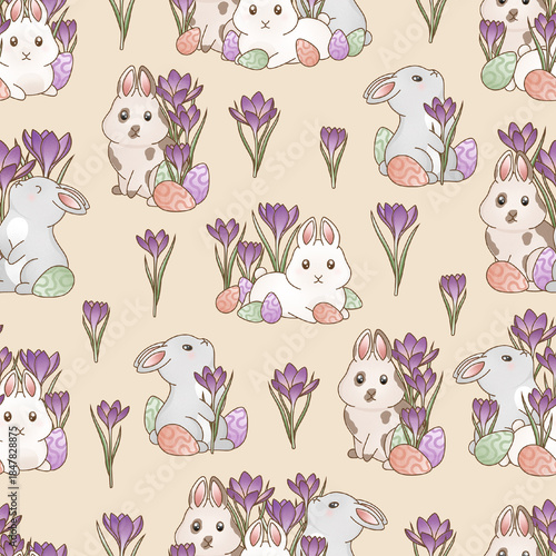 Easter seamless pattern with bunnies, flowers, easter eggs, pastel spring pattern