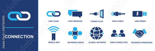 Connection icon set. Containing link chain, chat message, power plug, data cable, usb power, mobile wifi, network nodes, global network, user connection, business handshake and more. Solid vector icon