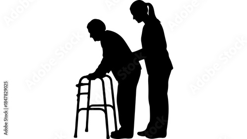 Elderly man with walker assisted by caregiver with transparent background
