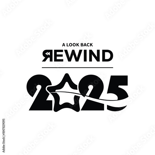 Minimal “A Look Back Rewind 2025” typography design in bold black on white background, modern text layout ideal for year in review content, recap videos, social media posts, and editorial projects.