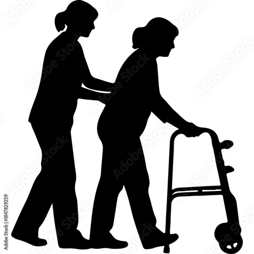 Elderly woman assisted by caregiver with transparent background