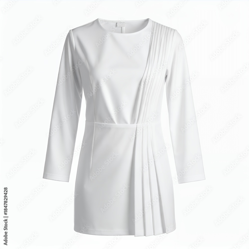 Fototapeta premium Elegant long-sleeved white tunic dress showcasing pleated detailing on a clean backdrop