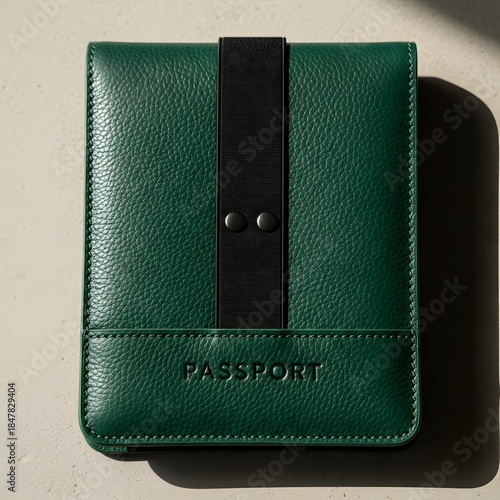 Green Leather Passport Holder with Embossed Branding and Dual-Rivet Strap Design