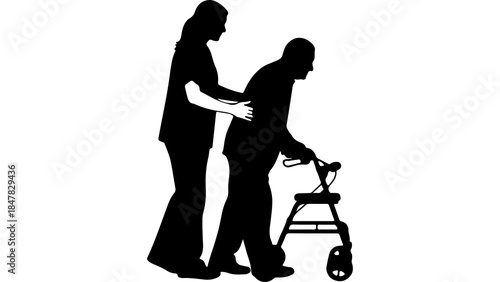 Woman assisting senior with walker with transparent background