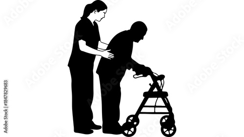 Caregiver assisting senior woman with walker with transparent background