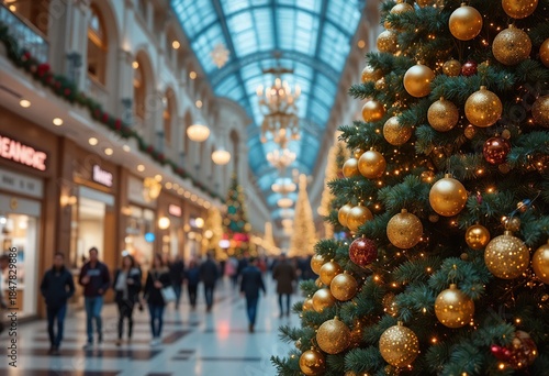 Close-up of a decorated christmas tree in a shopping mall with golden ornaments and blurred background
