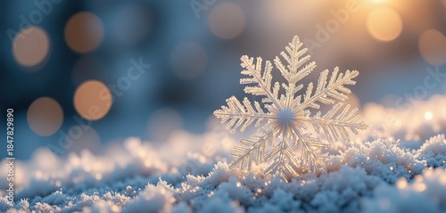Close up of a sparkling snowflake on fresh snow with warm golden bokeh lights and a soft blue background, winter holiday season photo