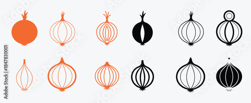 Onion icons in orange and brown tones, perfect for recipe books,