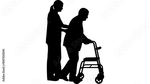 Caregiver assisting senior with walker with transparent background