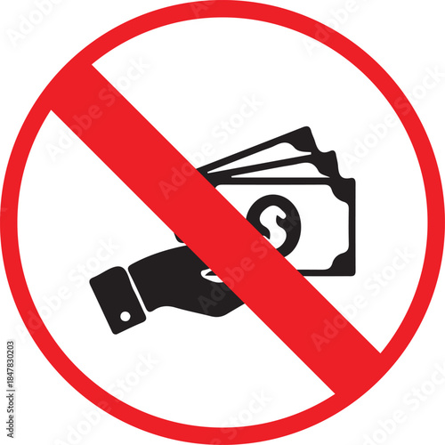 No Cash Payments Accepted Sign with Red Prohibition Symbol Isolated on White Background, Cashless Policy Warning Icon for Digital Payment and Regulation Concepts.