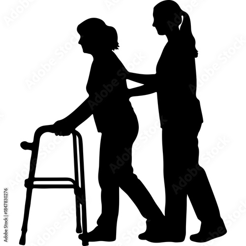 Elderly woman walking with caregiver with transparent background