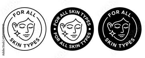 For all skin types label icon set. Face beauty women skin care packaging label for cream, toner, moisturizer, facial mask, lotion, logo, badge, symbol, black, line vector, isolated on white background