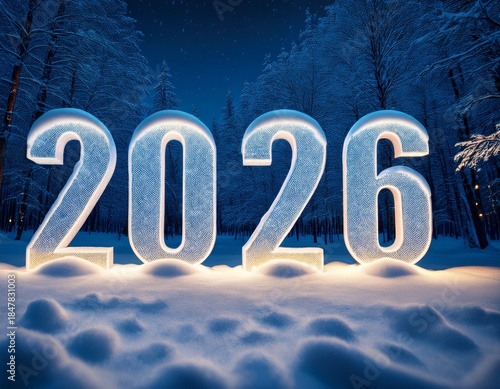 2026 3D numbers covered by snow in a forest on winter season at night with copy space