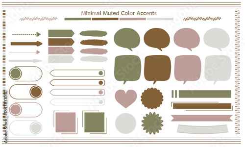 くすみカラーを使ったシンプルでナチュラルな装飾パーツのベクターセット｜くすみカラー,パーツセット,装飾,吹き出し,ライン,ラベル