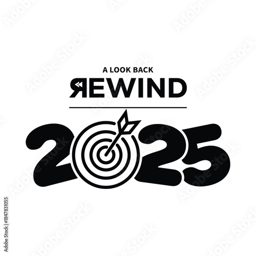 Minimal “A Look Back Rewind 2025” typography design in bold black on white background, modern text layout ideal for year in review content, recap videos, social media posts, and editorial projects.