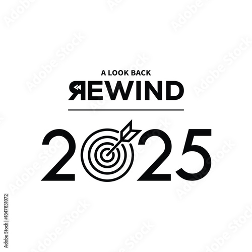Minimal “A Look Back Rewind 2025” typography design in bold black on white background, modern text layout ideal for year in review content, recap videos, social media posts, and editorial projects.