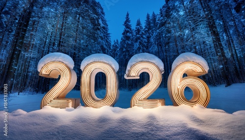 2026 3D numbers covered by snow in a forest on winter season at night with copy space