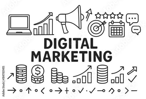 Digital marketing icons: growth, strategy, analysis, communication, technology