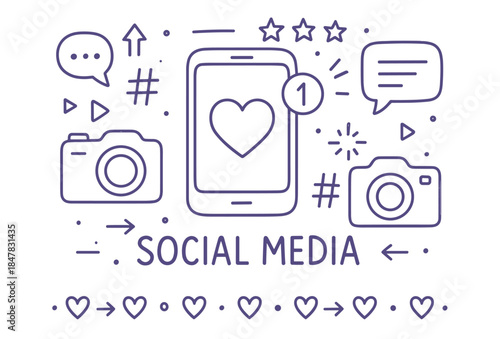 Social media concept with smartphone heart notification and cameras